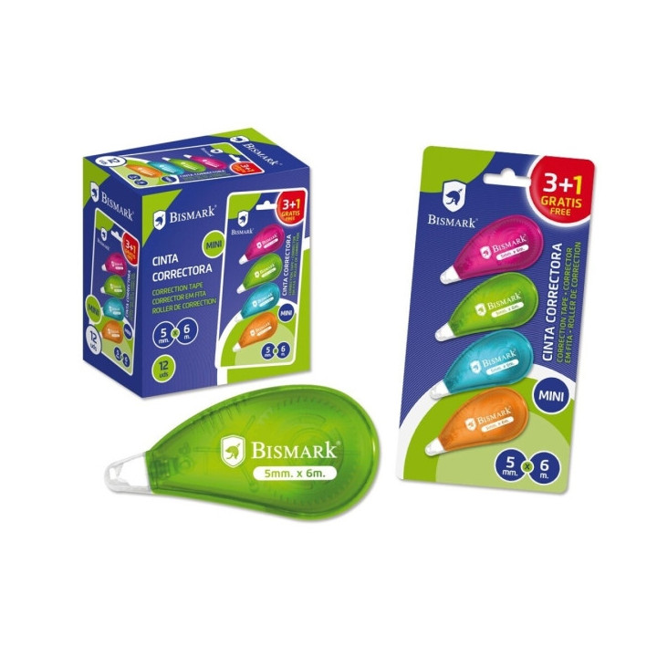 Bismark Neon Pack de 4 Mini Cintas Correctoras 5mmx6m - Perfecta Adherencia al Papel - Presentacion en Blister - Cuerpo de Colo