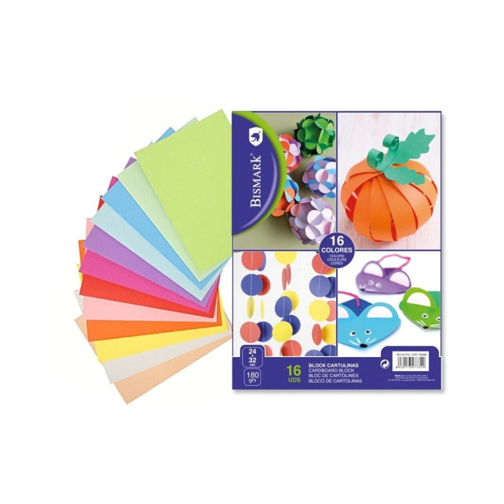 Bismark Pack de 16 Cartulinas 180 g/m² - Tamaño 24 x 32cm - Colores Surtidos