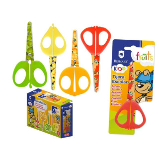 Bismark Kids Fruits Tijera Escolar 13cm - Hojas y Mangos Decorados con Frutas - Mangos en Plastico - Punta Roma - 4 Diseños Su