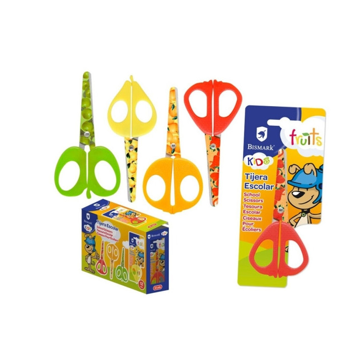 Bismark Kids Fruits Tijera Escolar 13cm - Hojas y Mangos Decorados con Frutas - Mangos en Plastico - Punta Roma - 4 Diseños Su