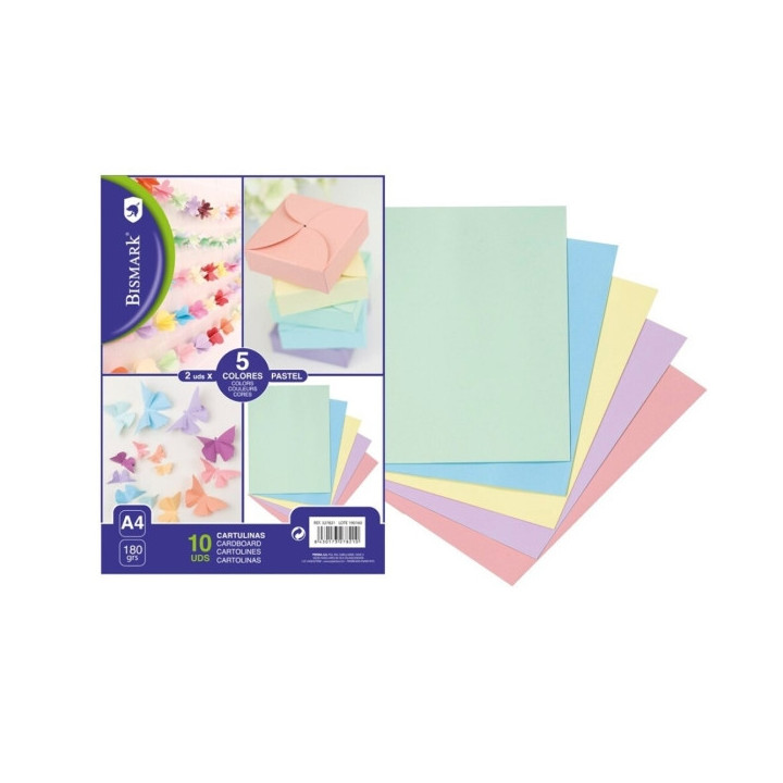 Bismark Pack de 10 Cartulinas 180 g/m² - Tamaño A4 - Colores Pastel Surtidos