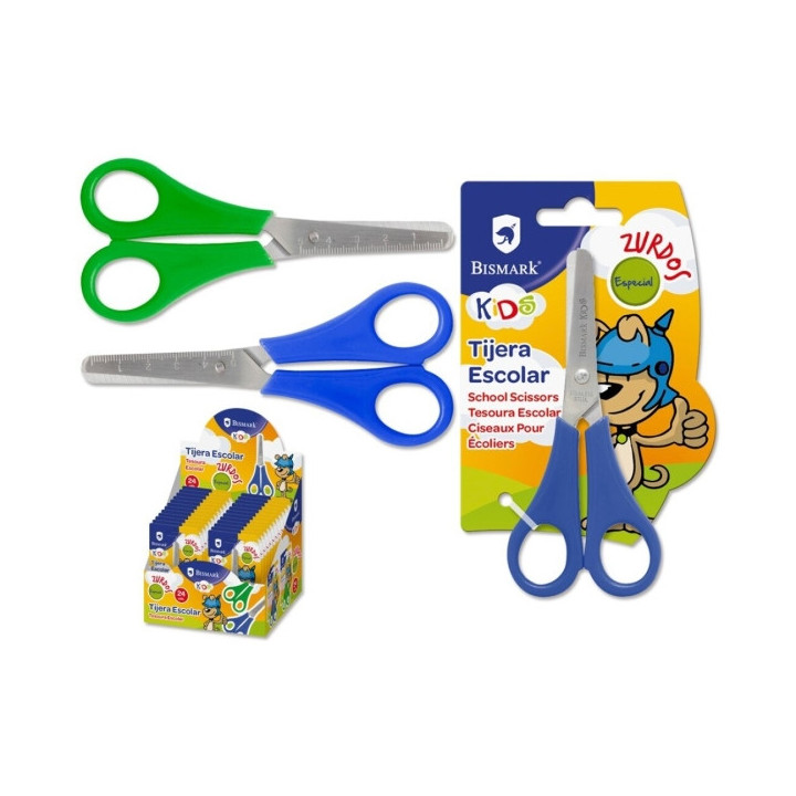 Bismark Kids Tijera Escolar para Zurdos - Mangos en Plastico - Punta Roma - Colores Azul y Verde