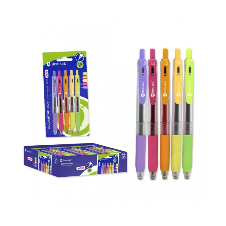 Bismark Pack de 5 Boligrafos Retractiles Tinta Gel - Punta 1.0mm - Escritura Suave - Colores Neon Surtidos
