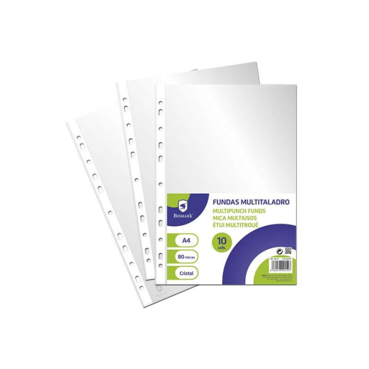 Bismark Pack de 10 Fundas Multitaladro Tamaño A4 80 Micras - Acabado en Cristal - Ideal para Carpetas con Mecanismo de Anillas
