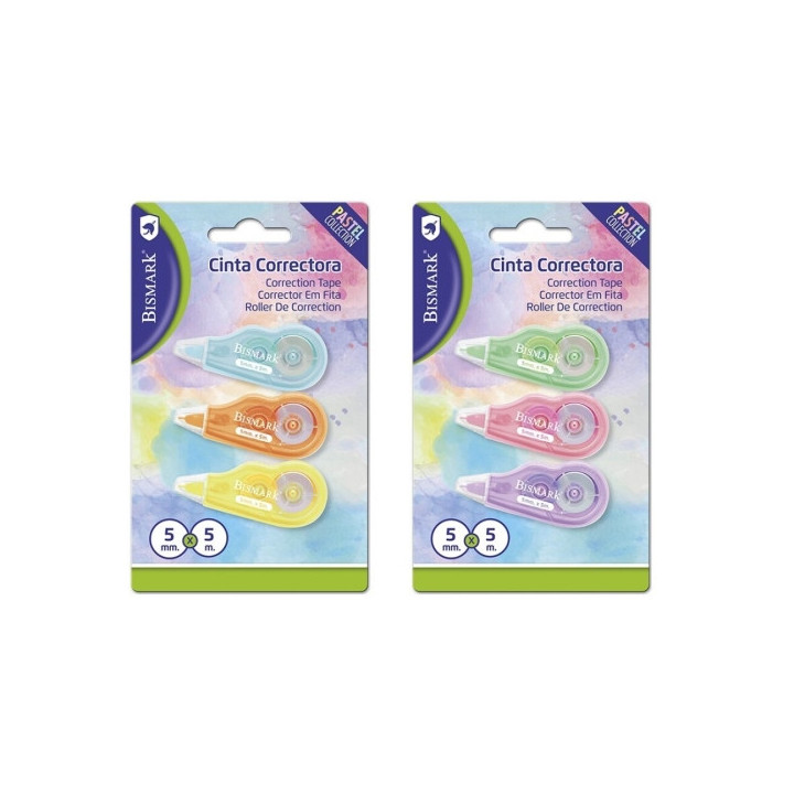 Bismark Mini Pastel Pack de 3 Cintas Correctoras 5mmx5m - Perfecta Adherencia al Papel - Presentacion en Blister - Cuerpo de Co