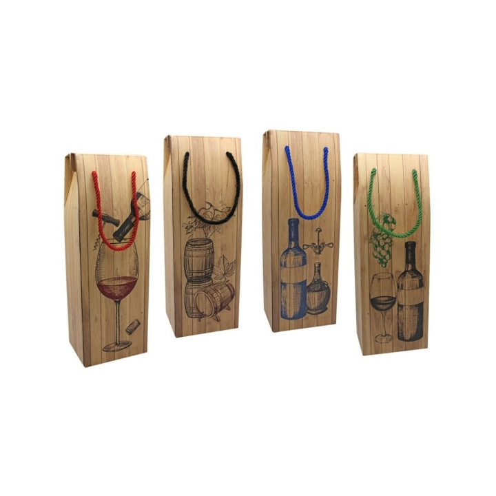 Bismark Caja/Bolsa de Carton con Asa para Botellas - Acabado Efecto Madera - Medidas 12