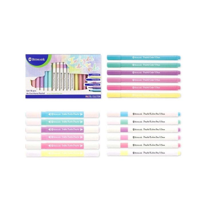Bismark Pastel Pack Escolar de Escritura con 6 Marcadores Doble Punta Biselada 4mm y Fina 1mm