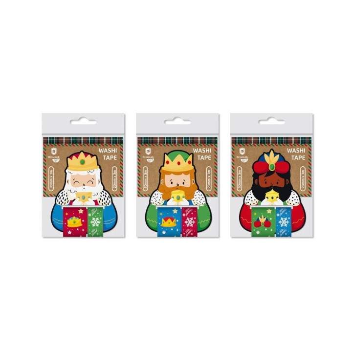 Bismark Pack de 2 Rollos de Cinta Washi-Tape Navideña para Regalos - Tematica Reyes Magos - Medidas 20mmx3m y 30mmx3m - 3 Dise