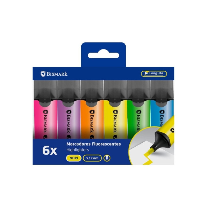 Bismark Pack de 6 Marcadores Fluorescentes - Punta Biselada 2 - 5mm Aprox - Tinta Base de Agua - Larga Duracion - Colores Neon