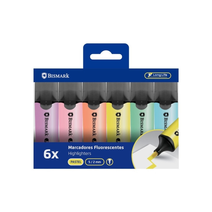 Bismark Pack de 6 Marcadores Fluorescentes - Punta Biselada 2 - 5mm Aprox - Tinta Base de Agua - Larga Duracion - Colores Paste