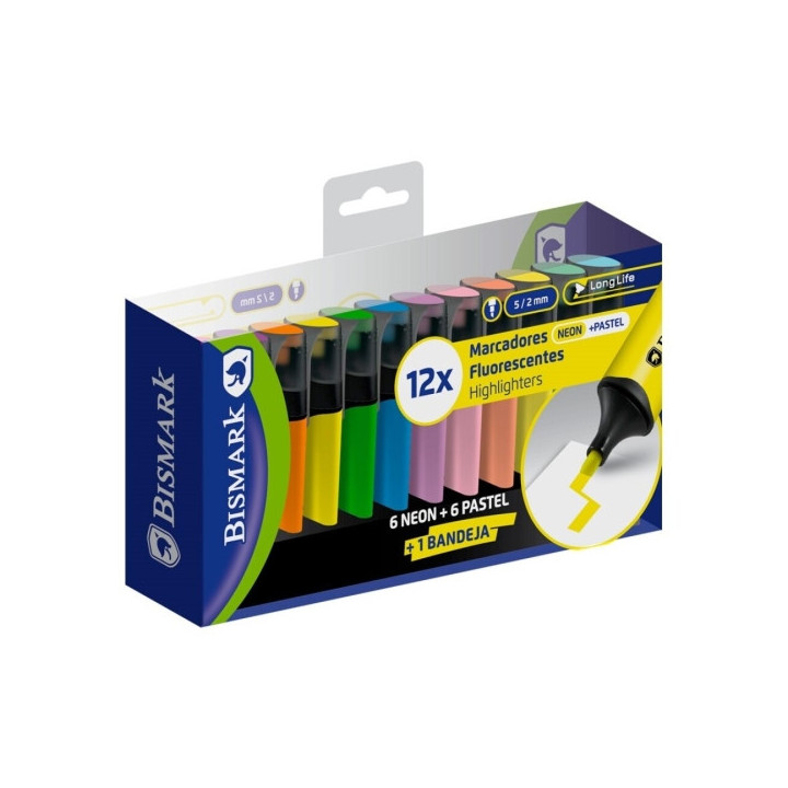 Bismark Pack de 12 Marcadores Fluorescentes - Punta Biselada 2 - 5mm Aprox - Tinta Base de Agua - Larga Duracion - Colores Neon