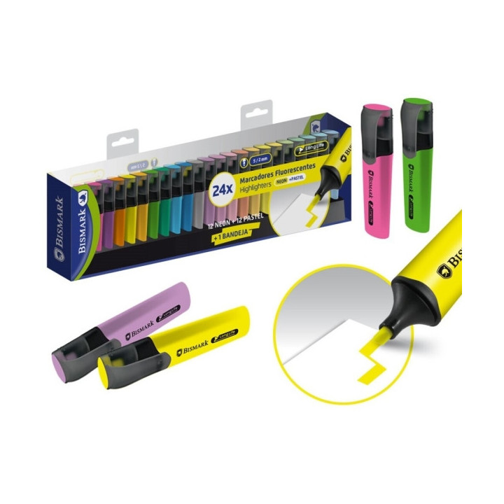 Bismark Pack de 24 Marcadores Fluorescentes - Punta Biselada 2 - 5mm Aprox - Tinta Base de Agua - Larga Duracion - Colores Neon