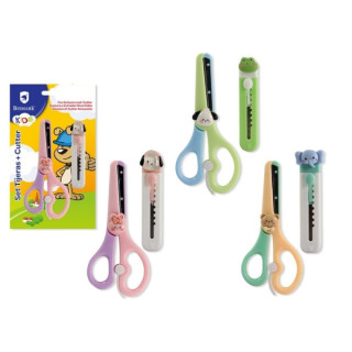 Bismark Kids Pack de Tijera Escolar + Cuter - Mangos en Plastico - Punta Roma - 3 Diseños Surtidos