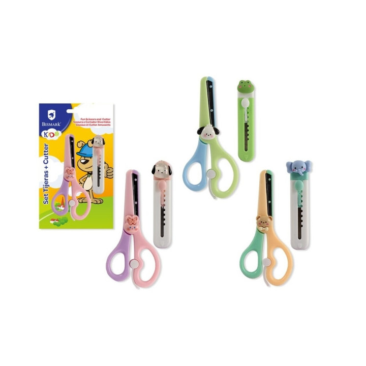 Bismark Kids Pack de Tijera Escolar + Cuter - Mangos en Plastico - Punta Roma - 3 Diseños Surtidos