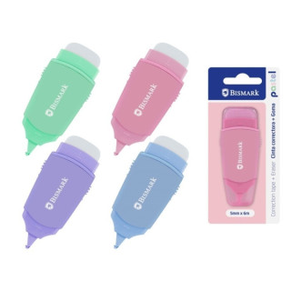 Bismark Pastel Cinta Correctora 5mmx6m con Goma de Borrar - Perfecta Adherencia al Papel - Presentacion en Blister - Cuerpo de