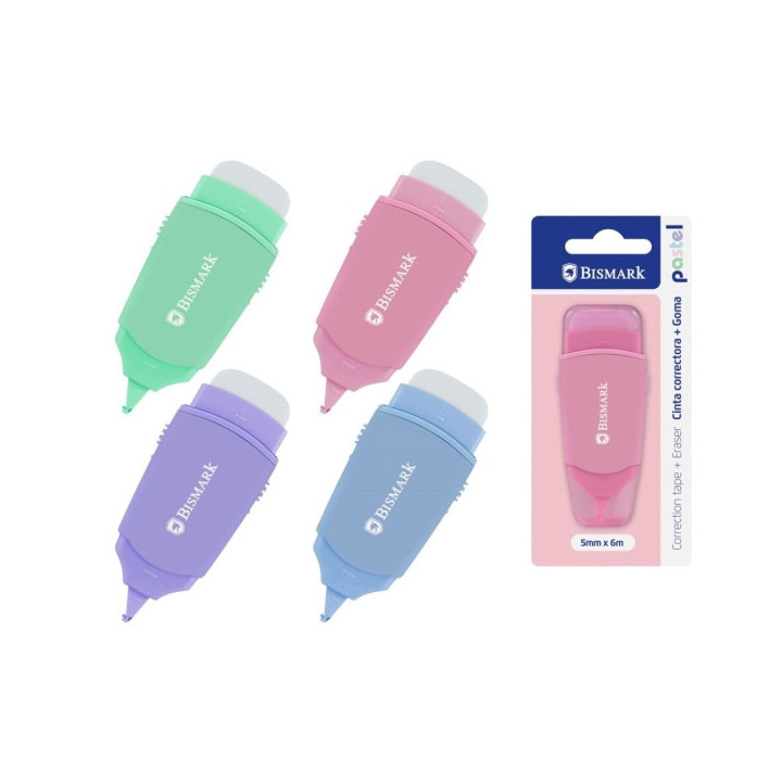 Bismark Pastel Cinta Correctora 5mmx6m con Goma de Borrar - Perfecta Adherencia al Papel - Presentacion en Blister - Cuerpo de