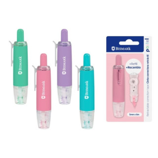 Bismark Pastel Cinta Correctora Retractril 5mmx6m + Recambio - Perfecta Adherencia al Papel - Presentacion en Blister - Cuerpo