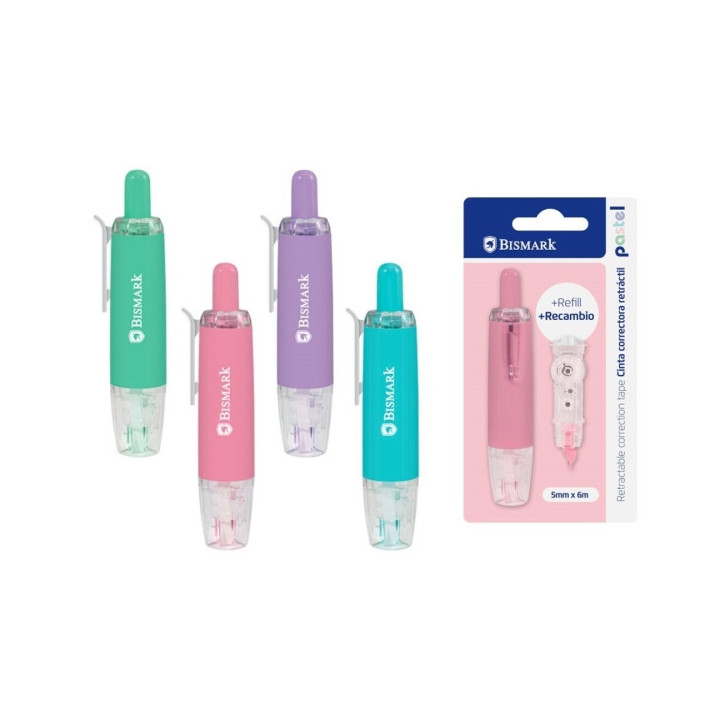 Bismark Pastel Cinta Correctora Retractril 5mmx6m + Recambio - Perfecta Adherencia al Papel - Presentacion en Blister - Cuerpo