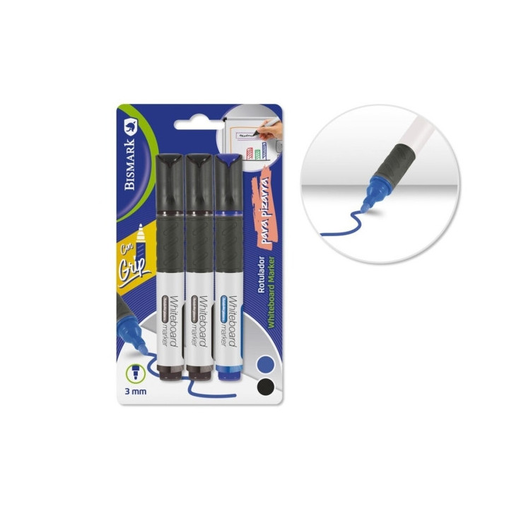 Bismark Pack de 3 Rotuladores para Pizarra Blanca con Grip - Punta Redonda 3mm - Colores Negro y Azul