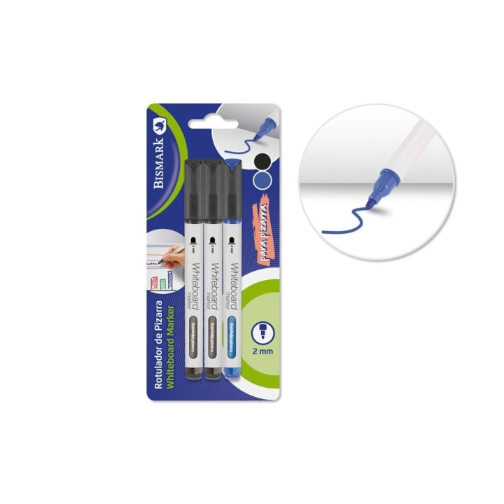 Bismark Pack de 3 Rotuladores para Pizarra Blanca - Punta Redonda 2mm - Colores Negro y Azul