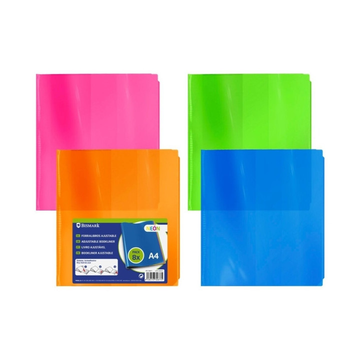 Bismark Pack de 8 Forros para Libros 305mm Polipropileno de Colores Neon - Solapa Ajustable - Facil Forrado en 3 Pasos - Sin Ne