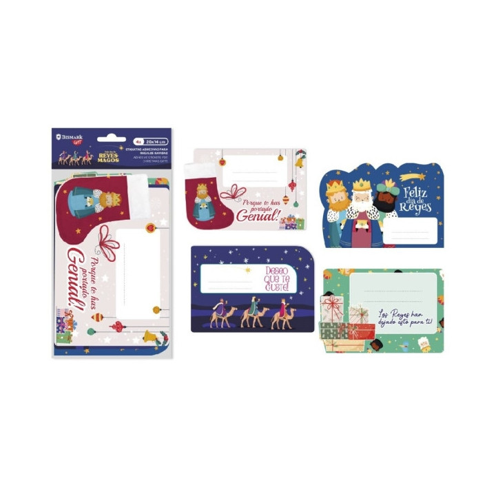 Bismark Pack de 4 Etiquetas Grandes Adhesivas para Regalos - Tematica Reyes Magos - Diseños Surtidos - Espacio para Escribir