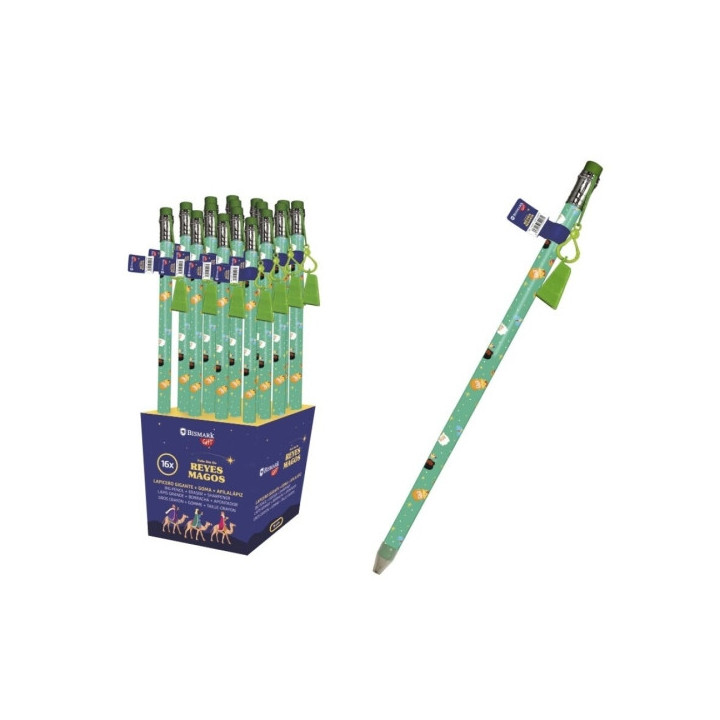 Bismark Lapiz Gigante Diseño Reyes Magos - Con Goma de Borrar y Sacapuntas - Medidas 38x1.5cm
