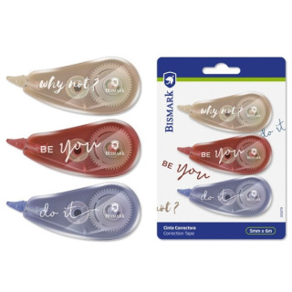 Bismark Be You Pack de 3 Cintas Correctoras 5mmx6m - Perfecta Adherencia al Papel - Presentacion en Blister - Cuerpo de Suaves
