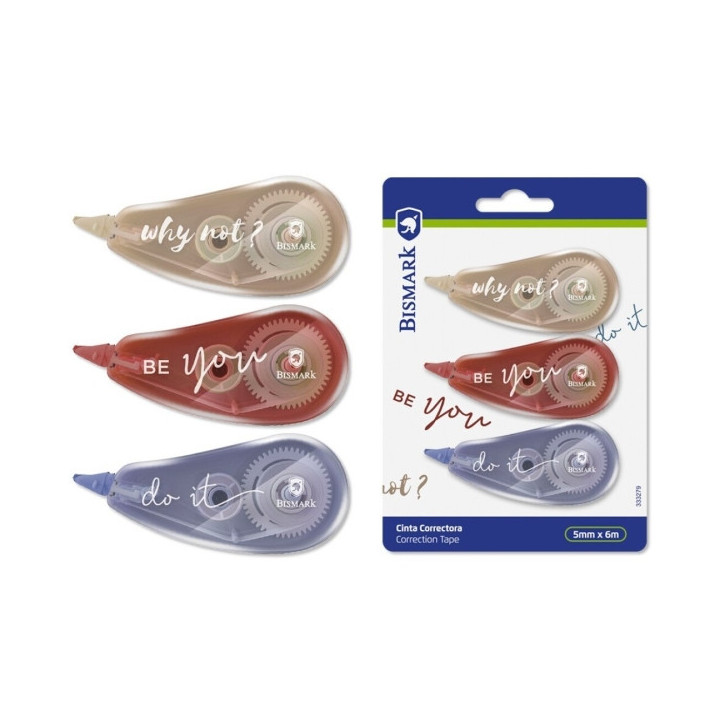 Bismark Be You Pack de 3 Cintas Correctoras 5mmx6m - Perfecta Adherencia al Papel - Presentacion en Blister - Cuerpo de Suaves