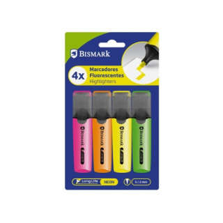 Bismark Pack de 4 Marcadores Fluorescentes - Punta Biselada 2 - 5mm Aprox - Tinta Base de Agua - Larga Duracion - Colores Neon
