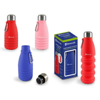 Bismark Botella de Silicona Plegable 550ml - Tapon de Acero Inoxidable - Mosqueton de Transporte - Colores Rosa