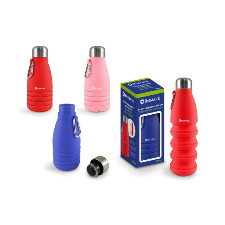 Bismark Botella de Silicona Plegable 550ml - Tapon de Acero Inoxidable - Mosqueton de Transporte - Colores Rosa