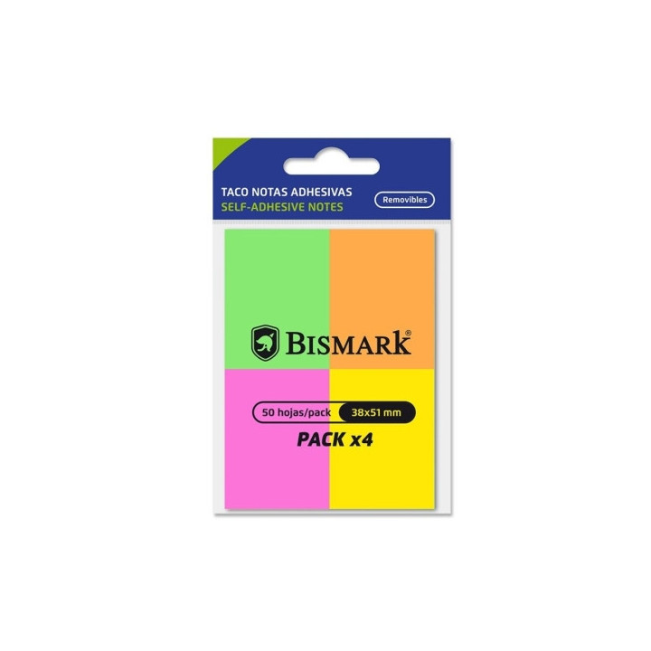 Bismark Pack de 4 Blocs de 50 Notas Adhesivas 38x51mm - 4 Colores Neon