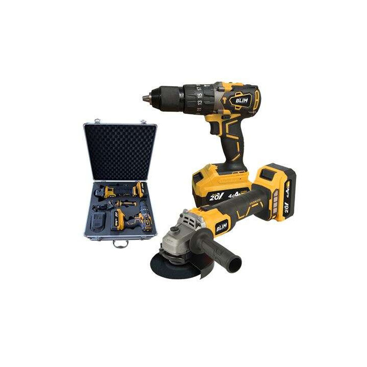 Blim Pack Radial a Bateria 20V 4Ah Velocidad 8500rpm Diametro Disco 115mm + Taladro Percutor 20V 4Ah Par Maximo 68Nm Velocidade
