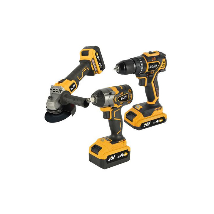 Blim Pack 20V Taladro + Llave Impacto + Radial S/Carbones - 2 Baterias 4Ah - Color Varios