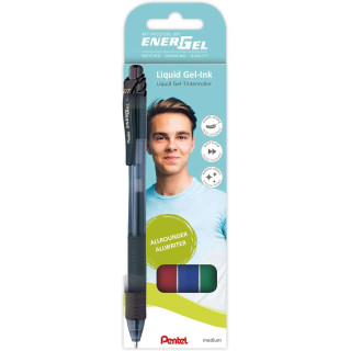 Pentel EnerGel X Pack de 4 Boligrafos de Bola Retractiles Tinta Gel - Punta 0.7mm - Trazo 0.35mm - Recargable - Grip de Agarre