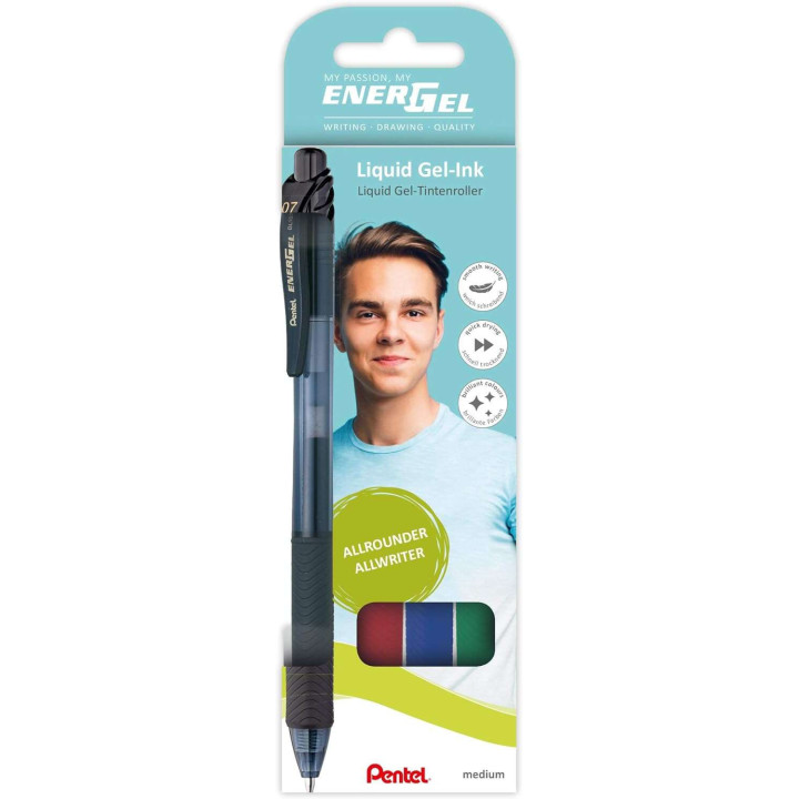 Pentel EnerGel X Pack de 4 Boligrafos de Bola Retractiles Tinta Gel - Punta 0.7mm - Trazo 0.35mm - Recargable - Grip de Agarre