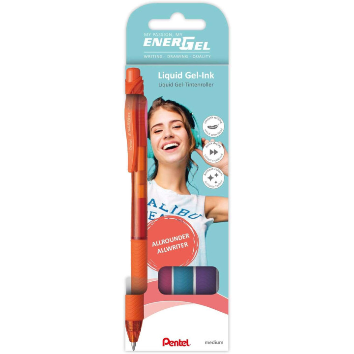Pentel EnerGel X Pack de 4 Boligrafos de Bola Retractiles Tinta Gel - Punta 0.7mm - Trazo 0.35mm - Recargable - Grip de Agarre