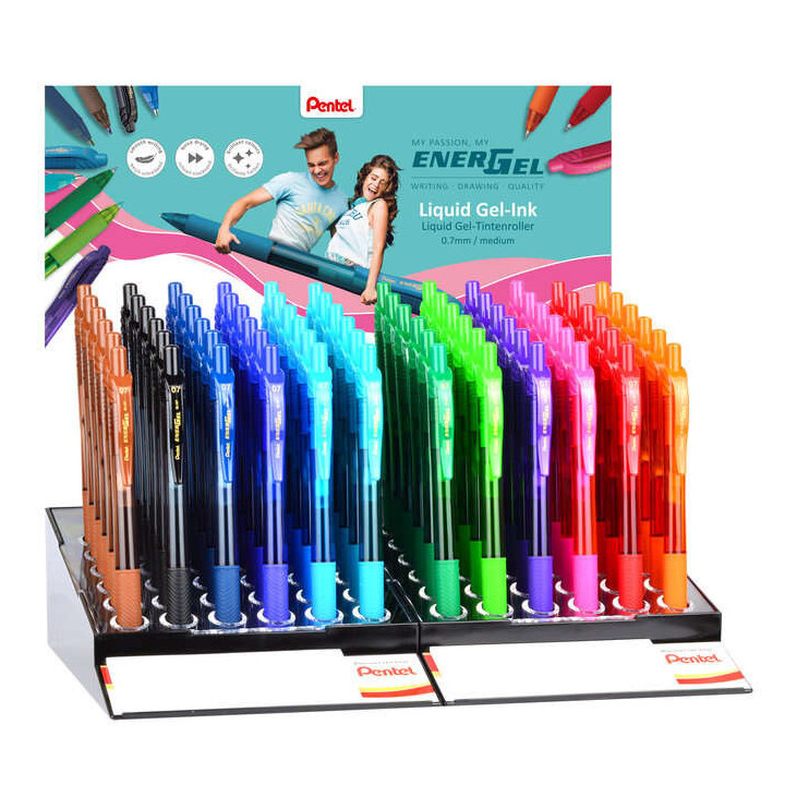 Pentel EnerGel X Expositor de 72 Boligrafos de Bola Retractiles Tinta Gel - Punta 0.7mm - Trazo 0.35mm - Recargable - Grip de A