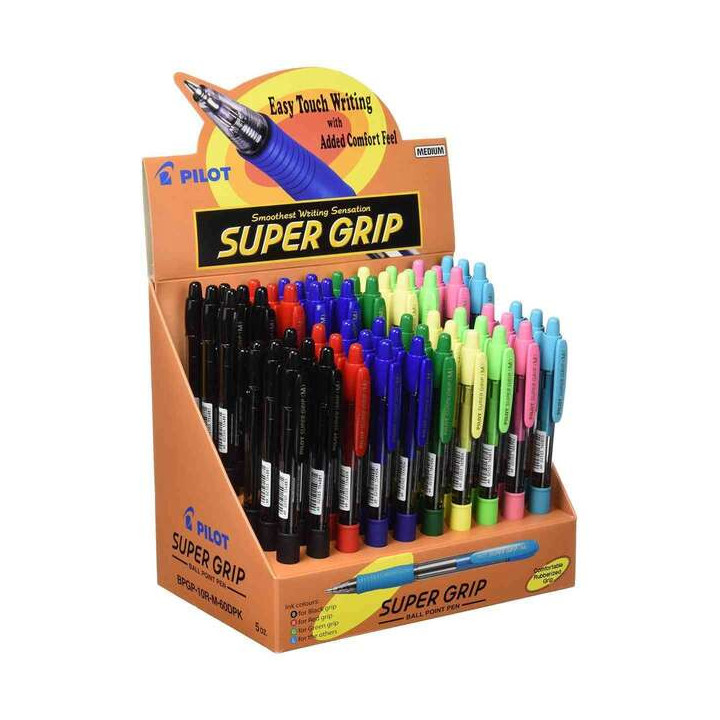 Pilot Expositor de 60 Boligrafos de Bola Retractiles SuperGrip - Punta Redonda 1.0mm - Trazo 0.27mm - Tinta de Aceite - Grip Er