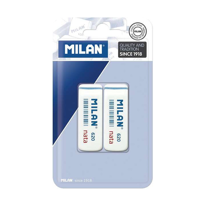 Milan Nata 620 Pack de 2 Gomas de Borrar Biseladas - Plastico - Suave - No Abrasiva - Color Blanco