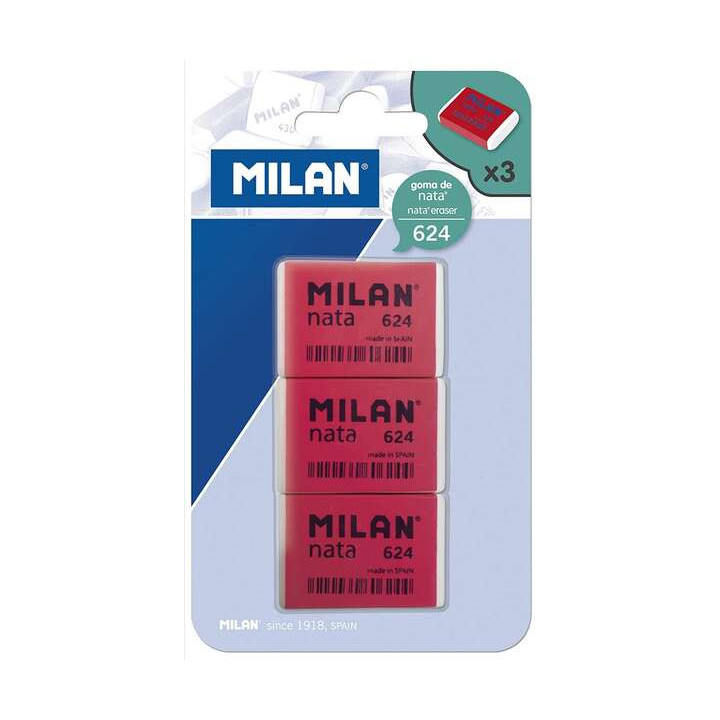 Milan Nata 624 Pack de 3 Gomas de Borrar Rectangulares - Plastico - Suave - No Abrasiva - Color Rojo/Blanco