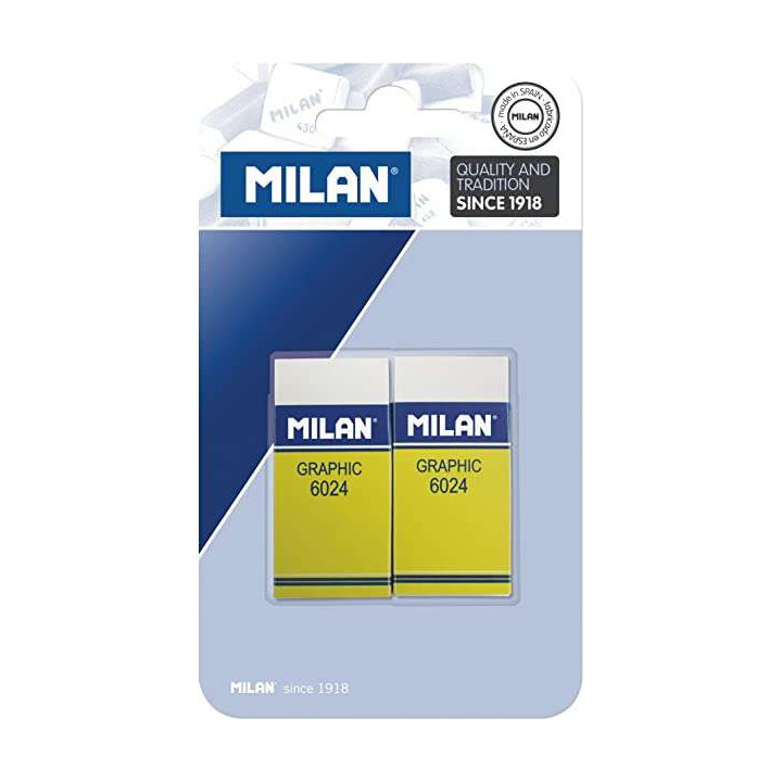 Milan Nata 6024 Graphic Pack de 2 Gomas de Borrar Rectangulares - Plastico - Faja de Carton Amarilla - No daña el Papel - Colo