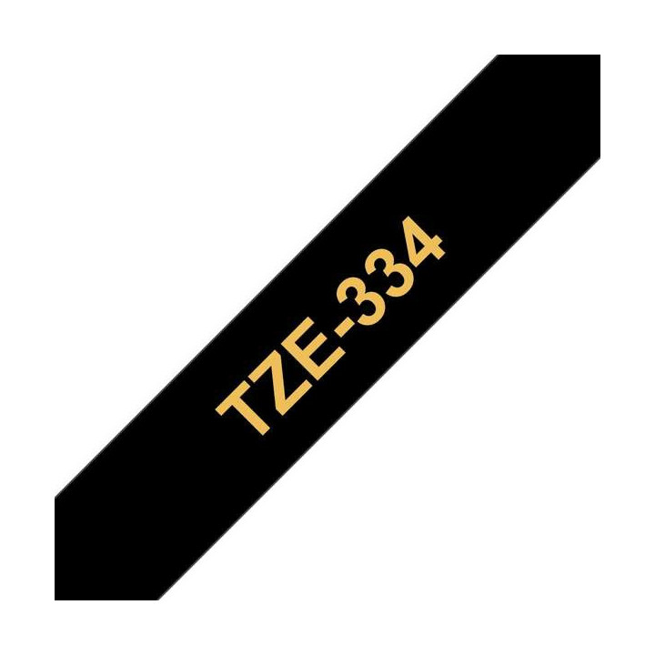Brother TZe334 Cinta Laminada Generica de Etiquetas - Texto dorado sobre fondo negro - Ancho 12mm x 8 metros