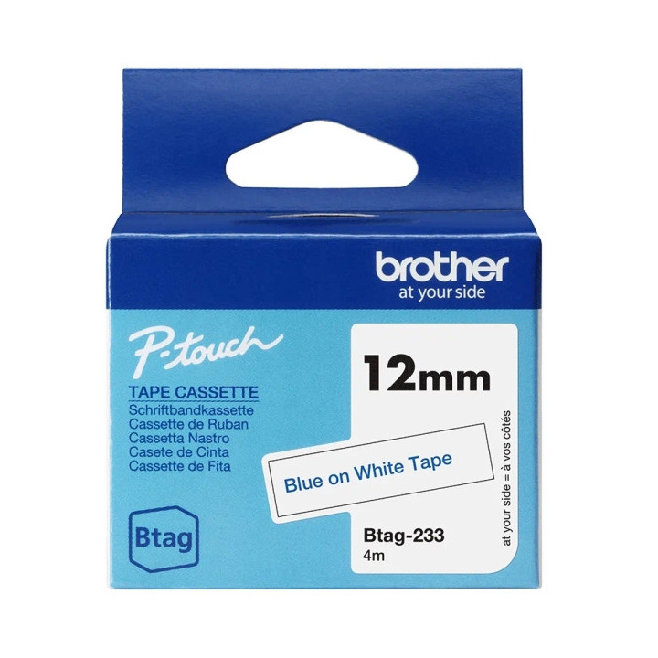 Brother Btag-233 Cinta 12mm - Texto Azul sobre Fondo Blanco - Medidas 12mmx4 Metros - Apta para PTN10