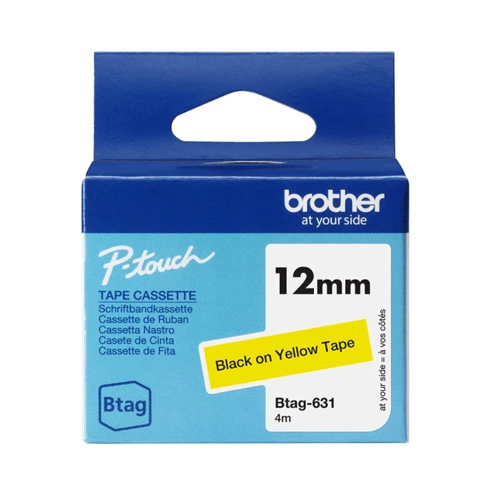 Brother Btag-631 Cinta 12mm - Texto Negro sobre Fondo Amarillo - Medidas 12mmx4 Metros - Apta para PTN10