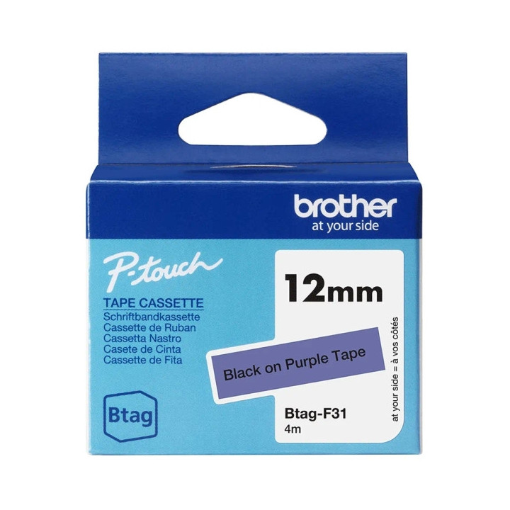 Brother Btag-F31 Cinta 12mm - Texto Negro sobre Fondo Morado - Medidas 12mmx4 Metros - Apta para PTN10