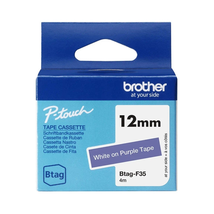 Brother Btag-F35 Cinta 12mm - Texto Blanco sobre Fondo Morado - Medidas 12mmx4 Metros - Apta para PTN10