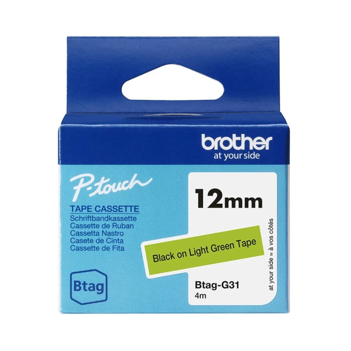 Brother Btag-G31 Cinta 12mm - Texto Negro sobre Fondo Verde - Medidas 12mmx4 Metros - Apta para PTN10