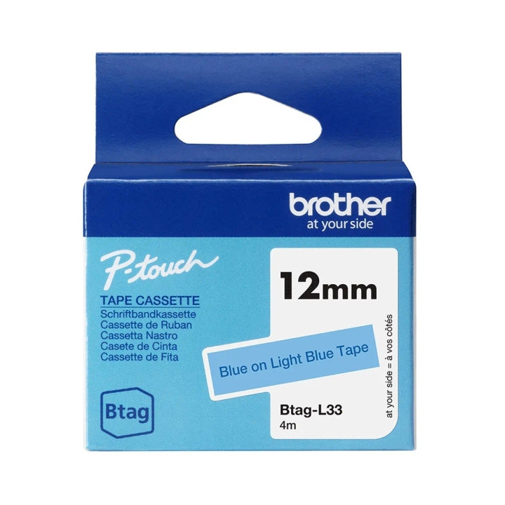 Brother Btag-L33 Cinta 12mm - Texto Azul sobre Fondo Azul Claro - Medidas 12mmx4 Metros - Apta para PTN10